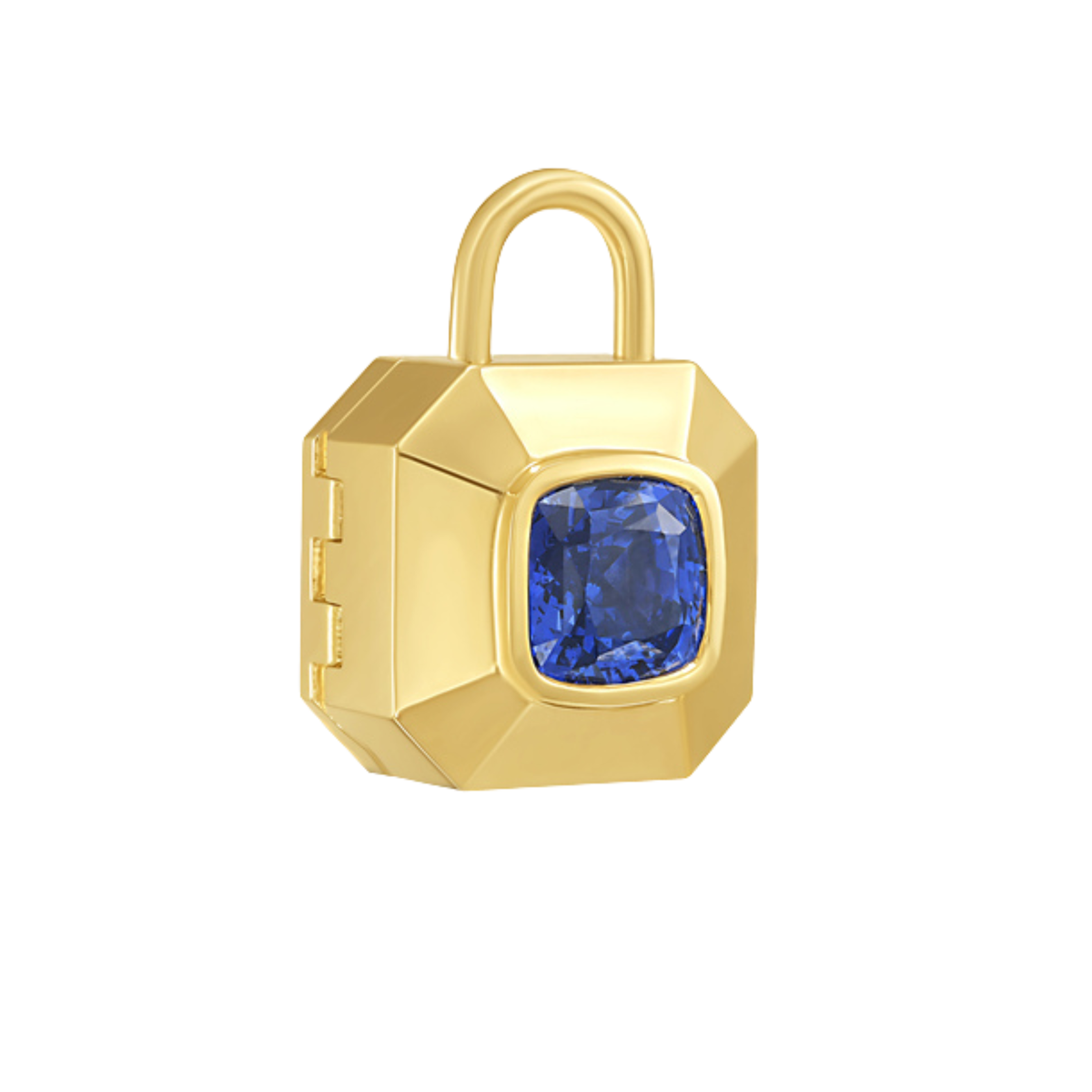 A gold padlock-shaped locket pendant with a blue cushion cut sapphire, set against a plain white background, by Tamsin Rasor Fine Jewelry
