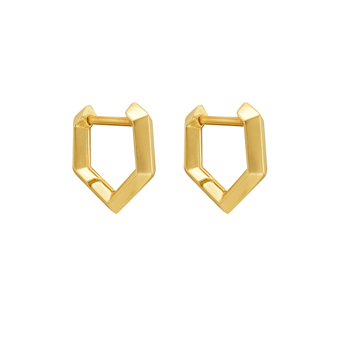 A pair of gold geometric huggie hoop earrings with a flat, open hexagonal design, shown on a plain white background. By Tamsin Rasor