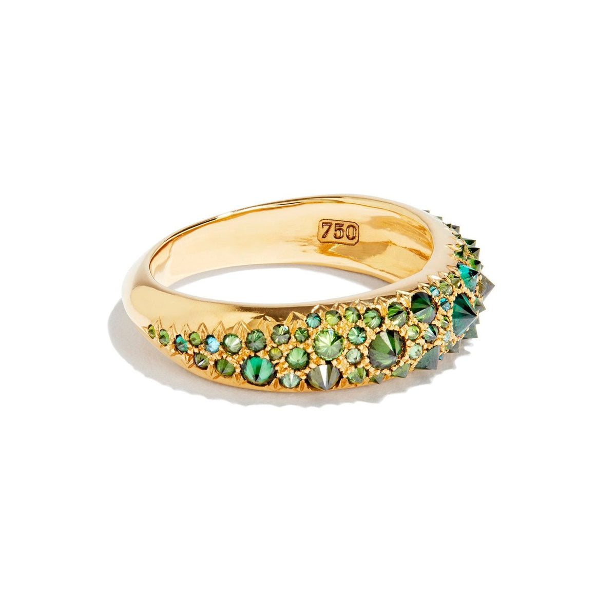 Side view of Barbed green diamond Duomo Ring on white background