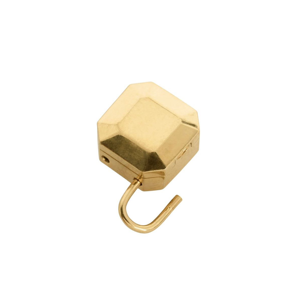 A gold-colored geometric padlock inspired locket with a faceted, beveled design, shown with bail gate open on a plain white background by Tamsin Rasor