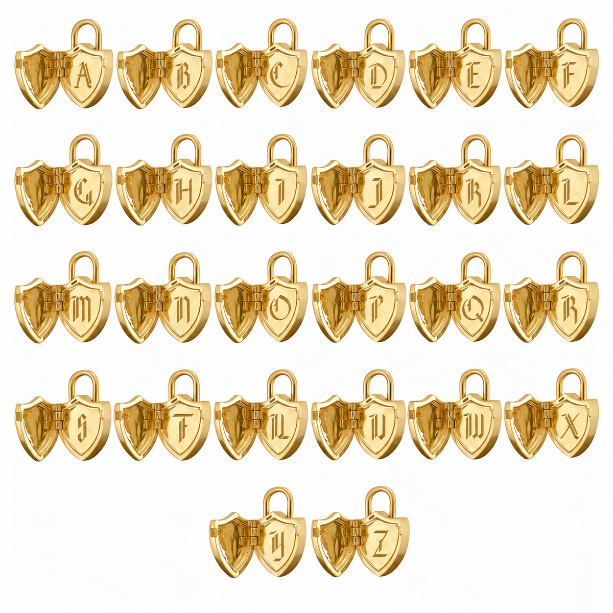 Twenty-six gold shield-shaped locket pendants with a single gothic font initial engraving inside the Locket compartment, spaced in rows on a plain white background, each engraved with a corresponding alphabet letter from A to Z.