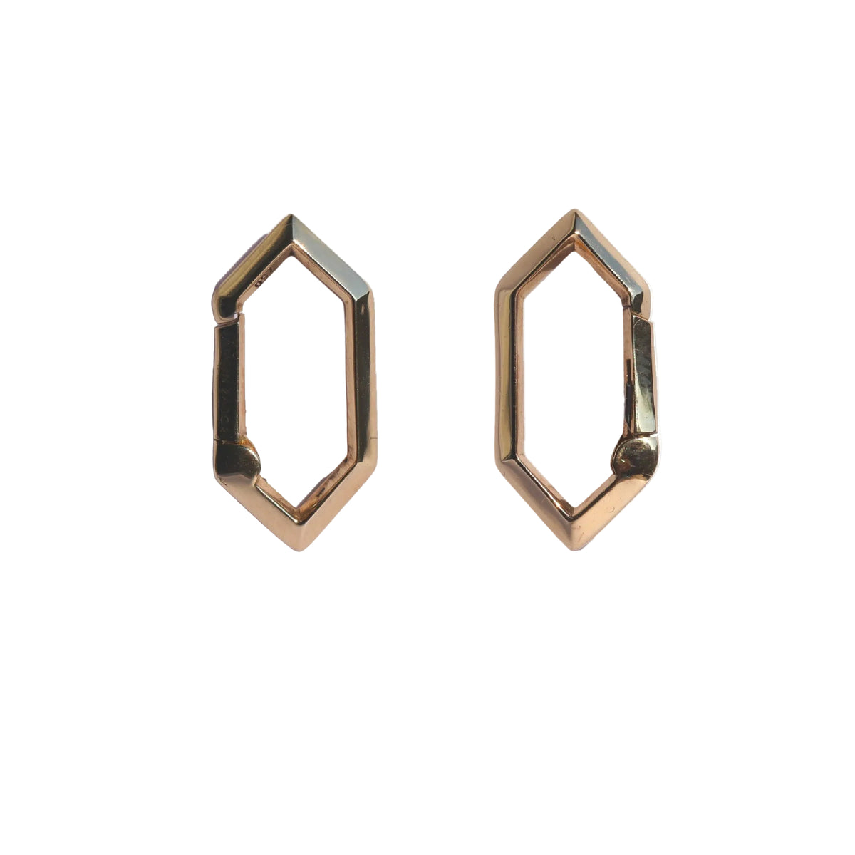 Gold geometric stud earrings with a spring clip closure to add ear charms. Seen against white background