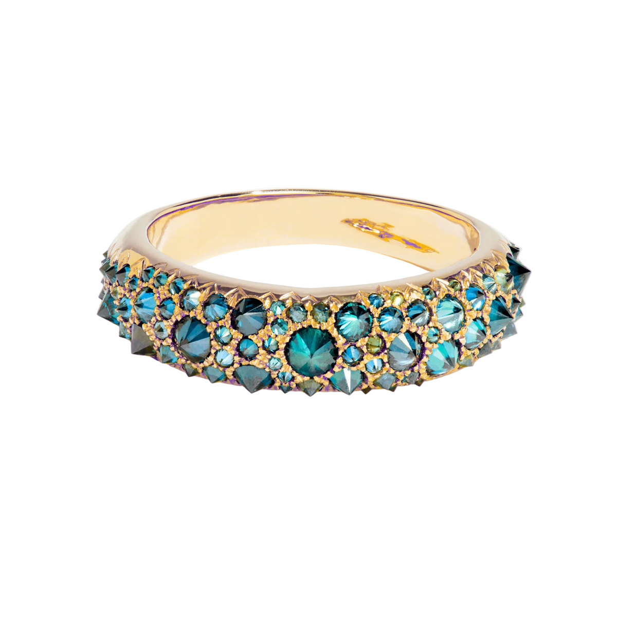 Blue diamond dome ring in 18k gold by Tamsin Rasor on a white background