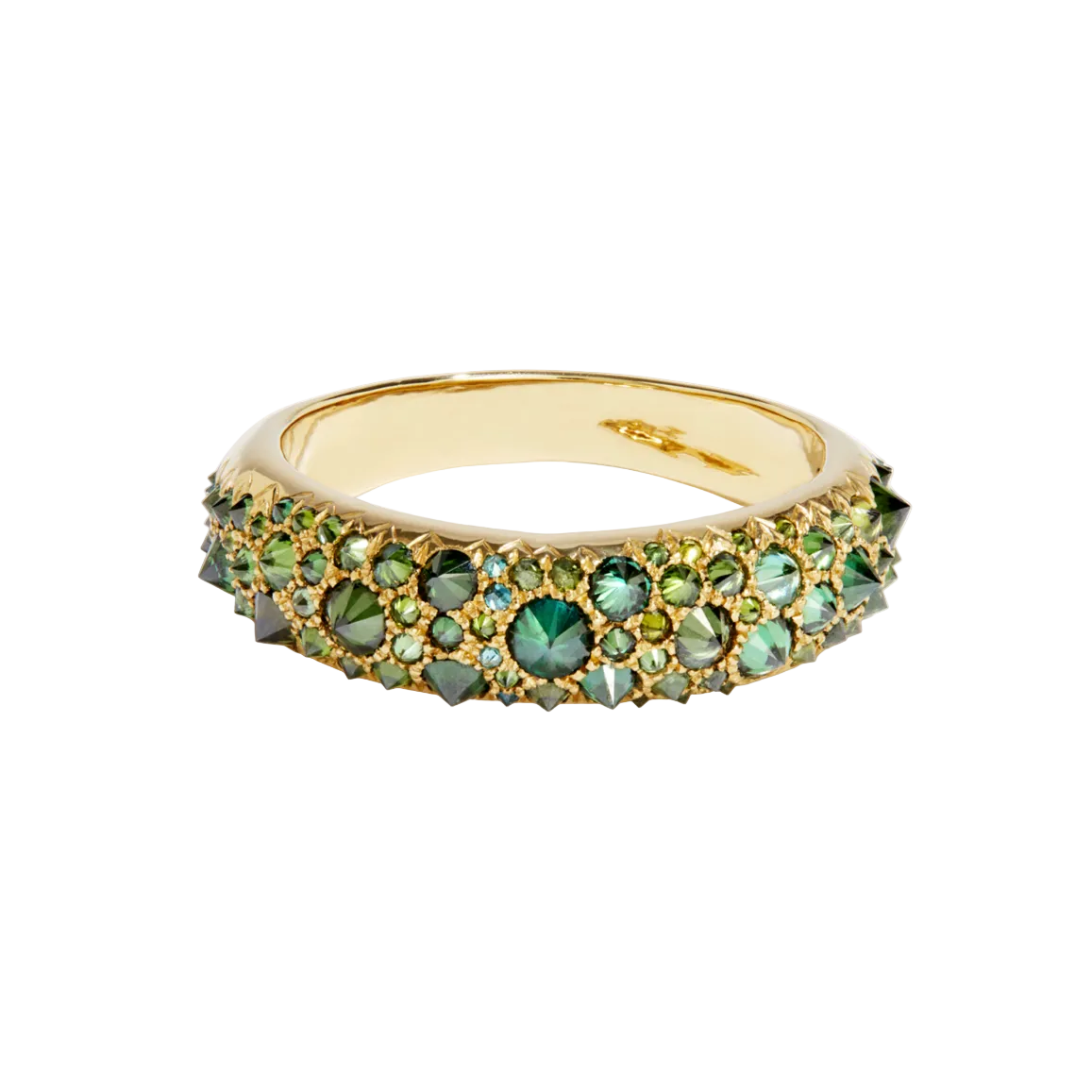 Spiked Green Diamond Duomo ring on white background by Tamsin Rasor