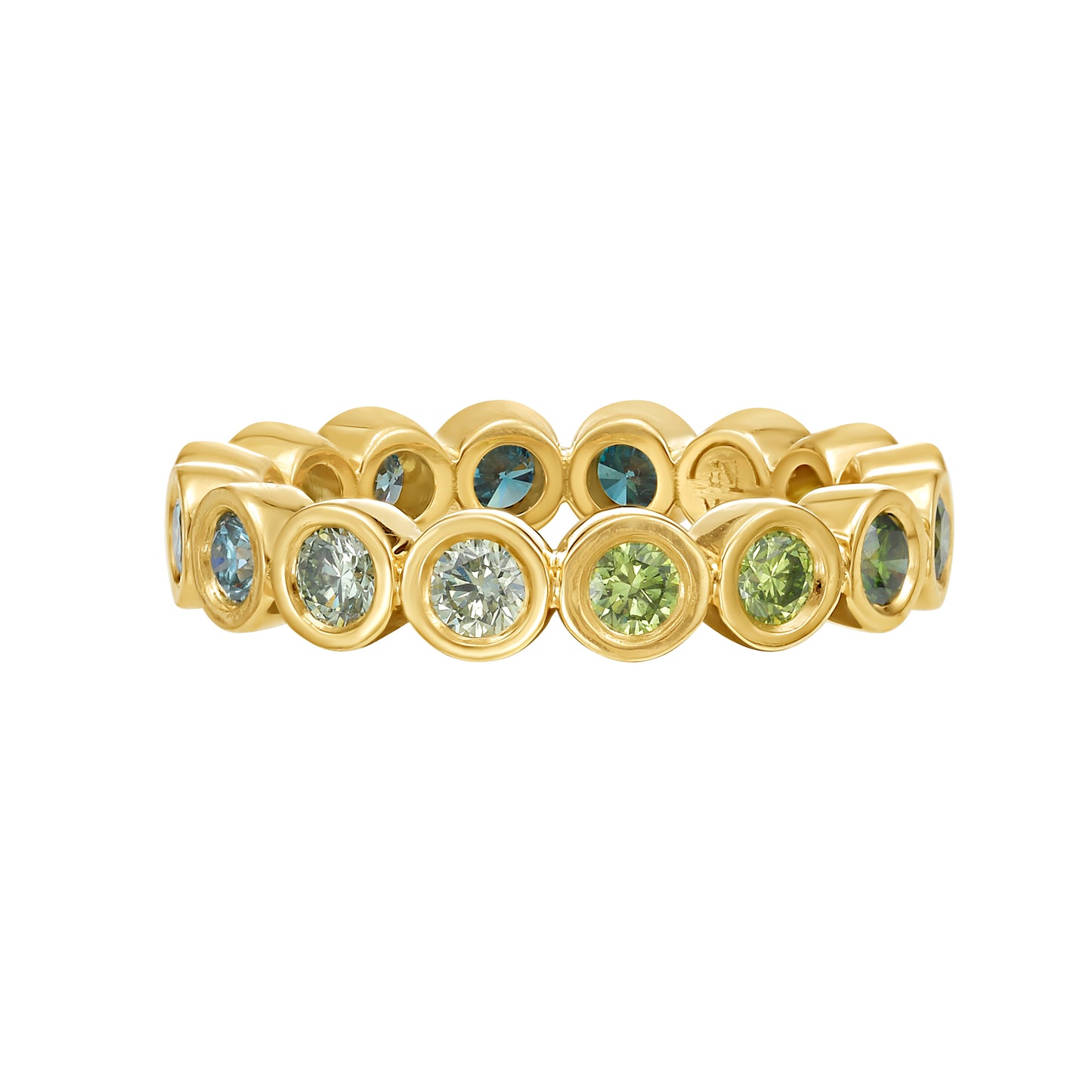 Blue and Green ombré color diamond eternity ring in yellow gold bezel setting, by Tamsin Rasor on white background