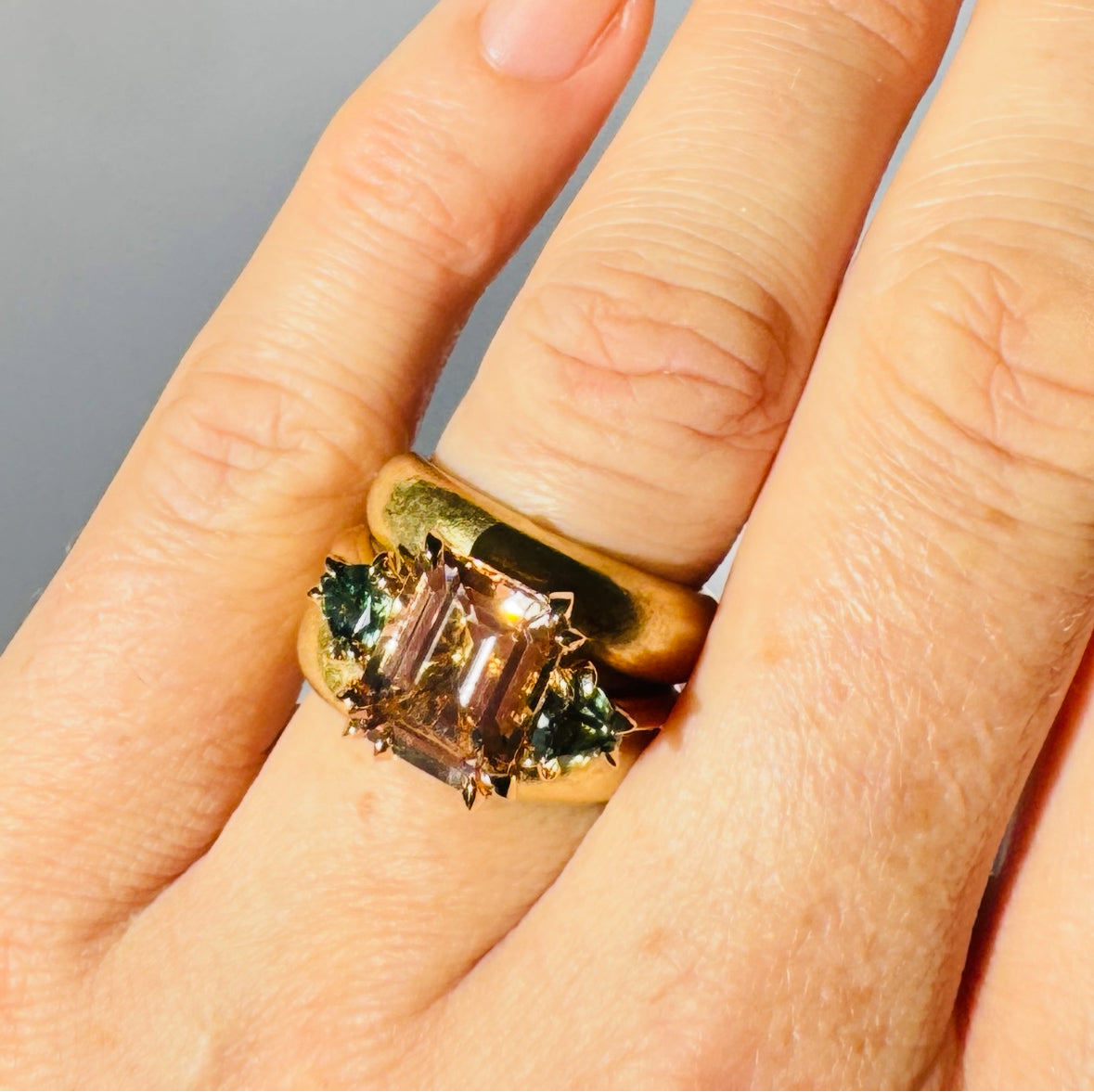 Morganite and Sapphire Makhaira Trilogy Ring