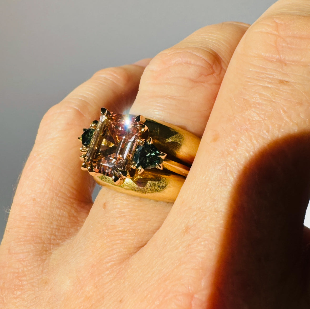 Morganite and Sapphire Makhaira Trilogy Ring