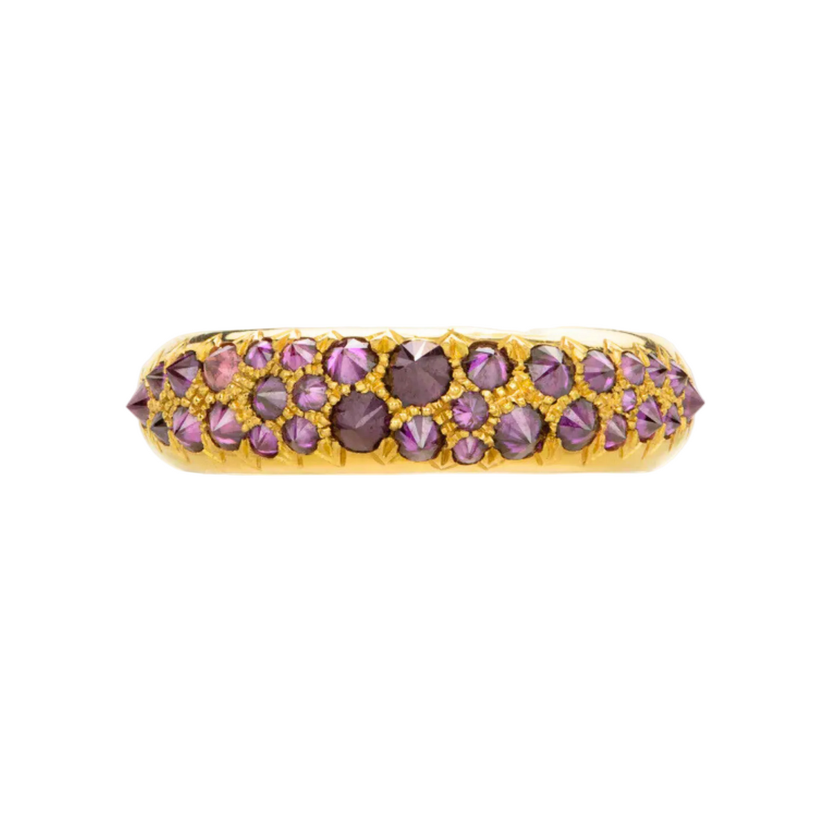 Gold and lavender diamond spiked Duomo dome ring on white background by Tamsin Rasor