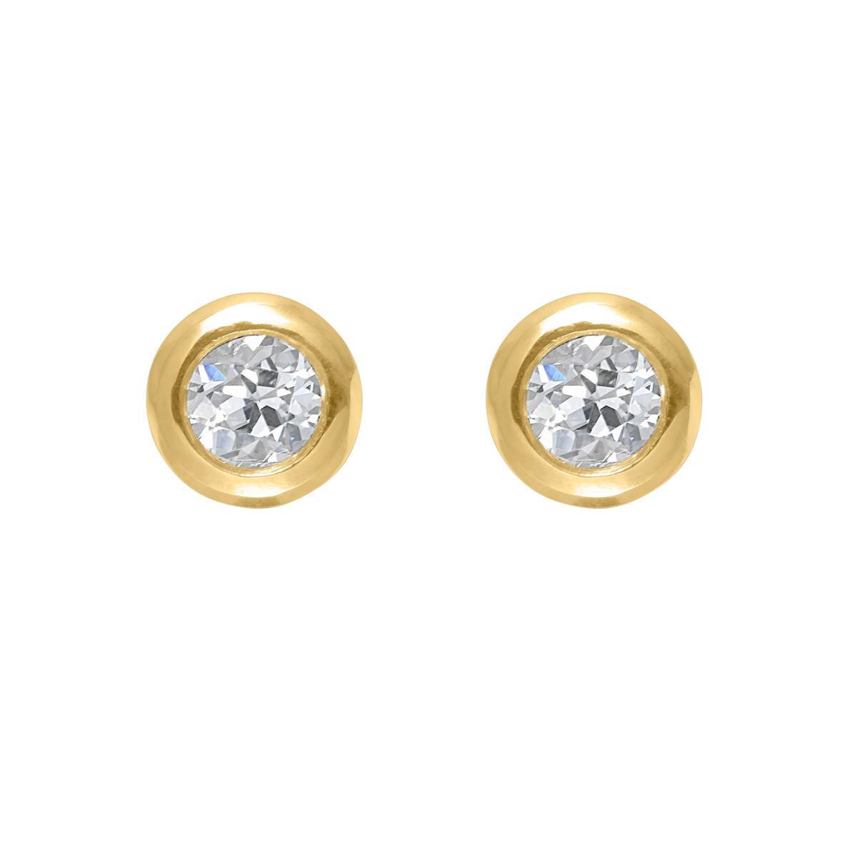 18k gold and OEC Diamond bezel set studs by Tamsin Rasor on a white background