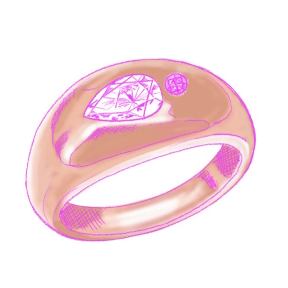 Sketch of domed rose gold and diamond ring with pink sapphire accent stone on white background
