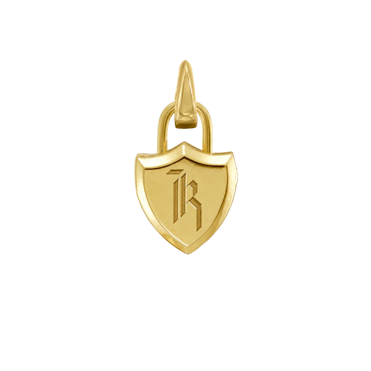 A polished gold shield-shaped locket pendant charm featuring an engraved stylized 'K' initial, suspended from a gold clip bail, shown on a plain white background.