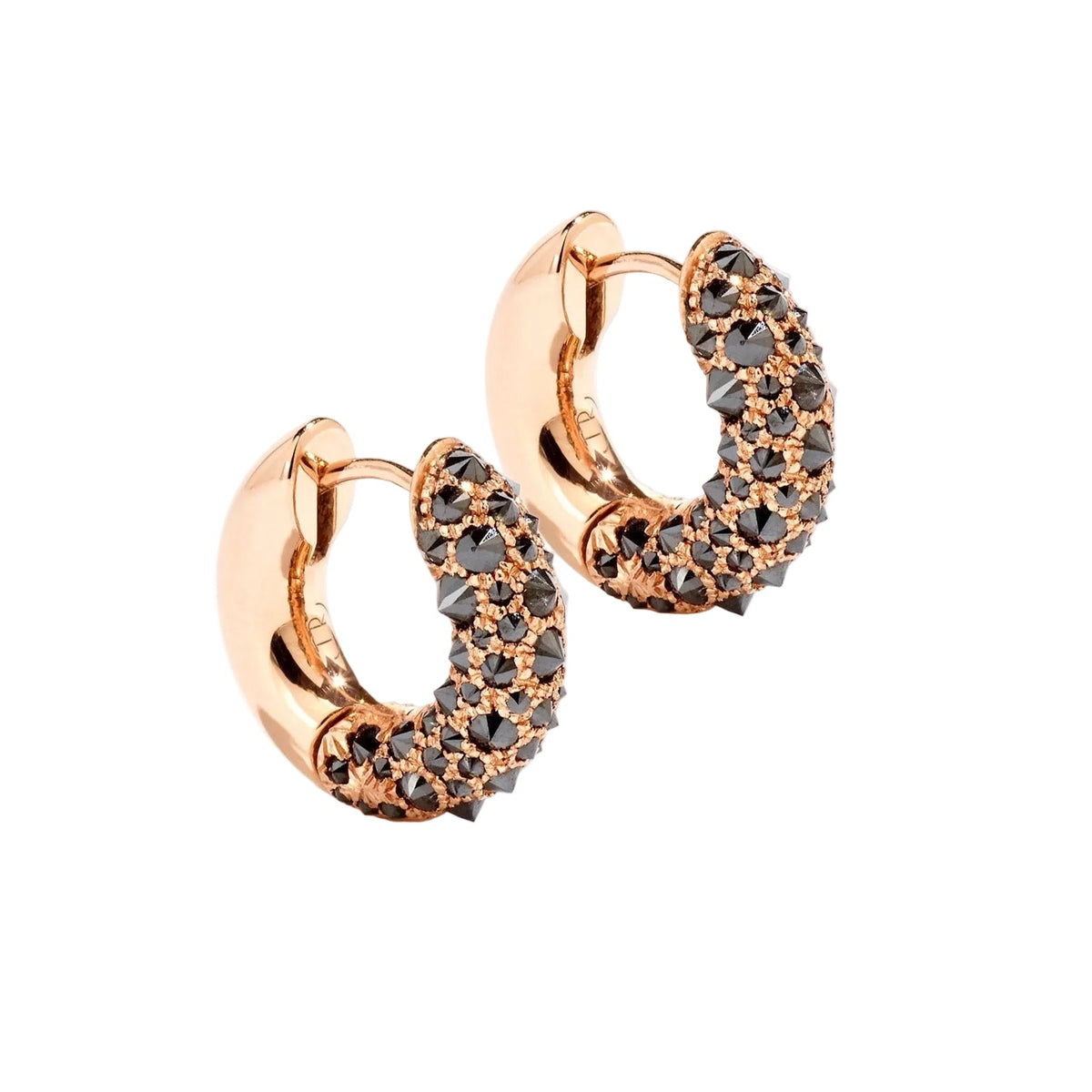 A pair of rose gold huggie hoop earrings pave-set with spiky black diamonds, displayed against a white background.