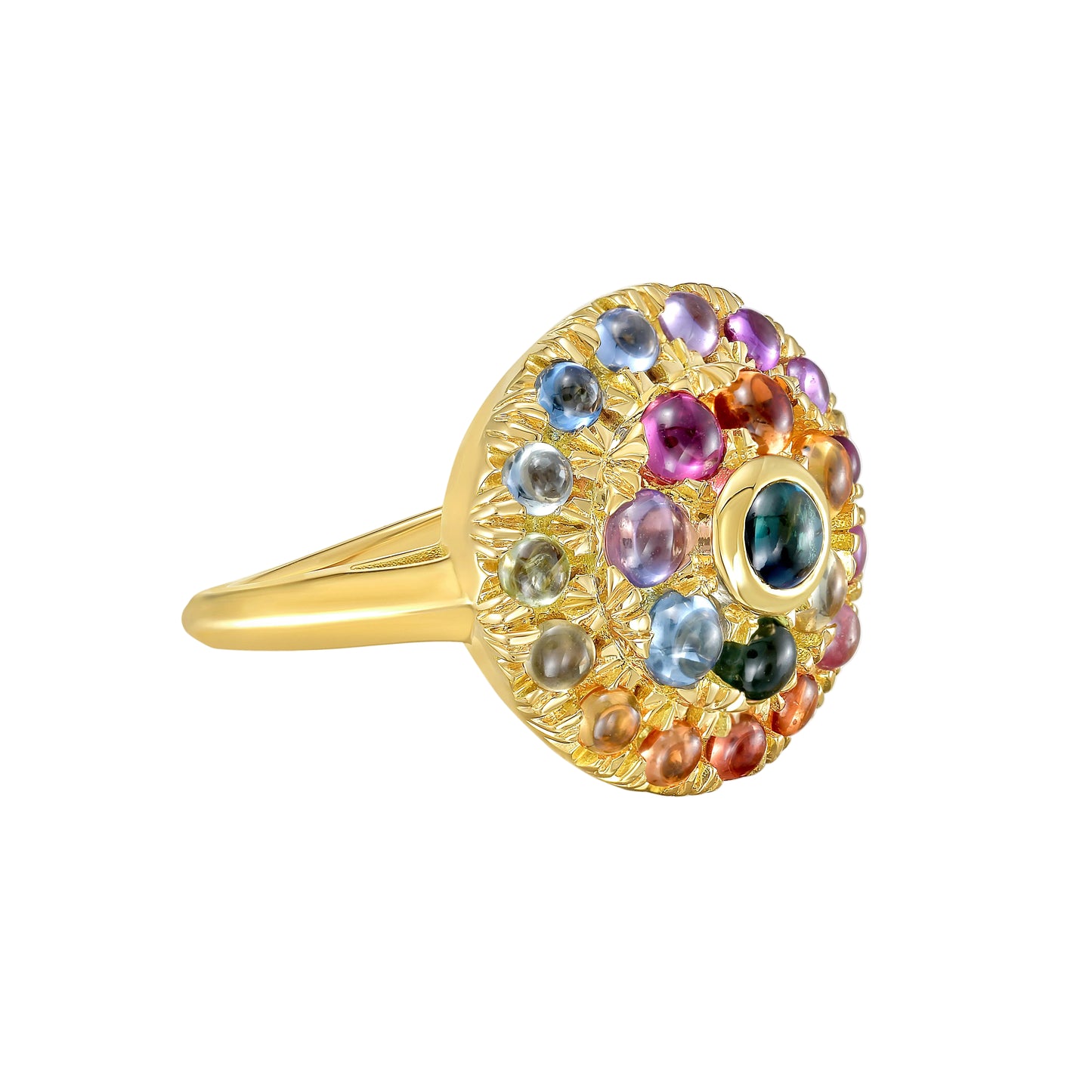 18k Gold rosette style ring with multicolored cabochon sapphires , shown from side on a white background, by Tamsin Rasor