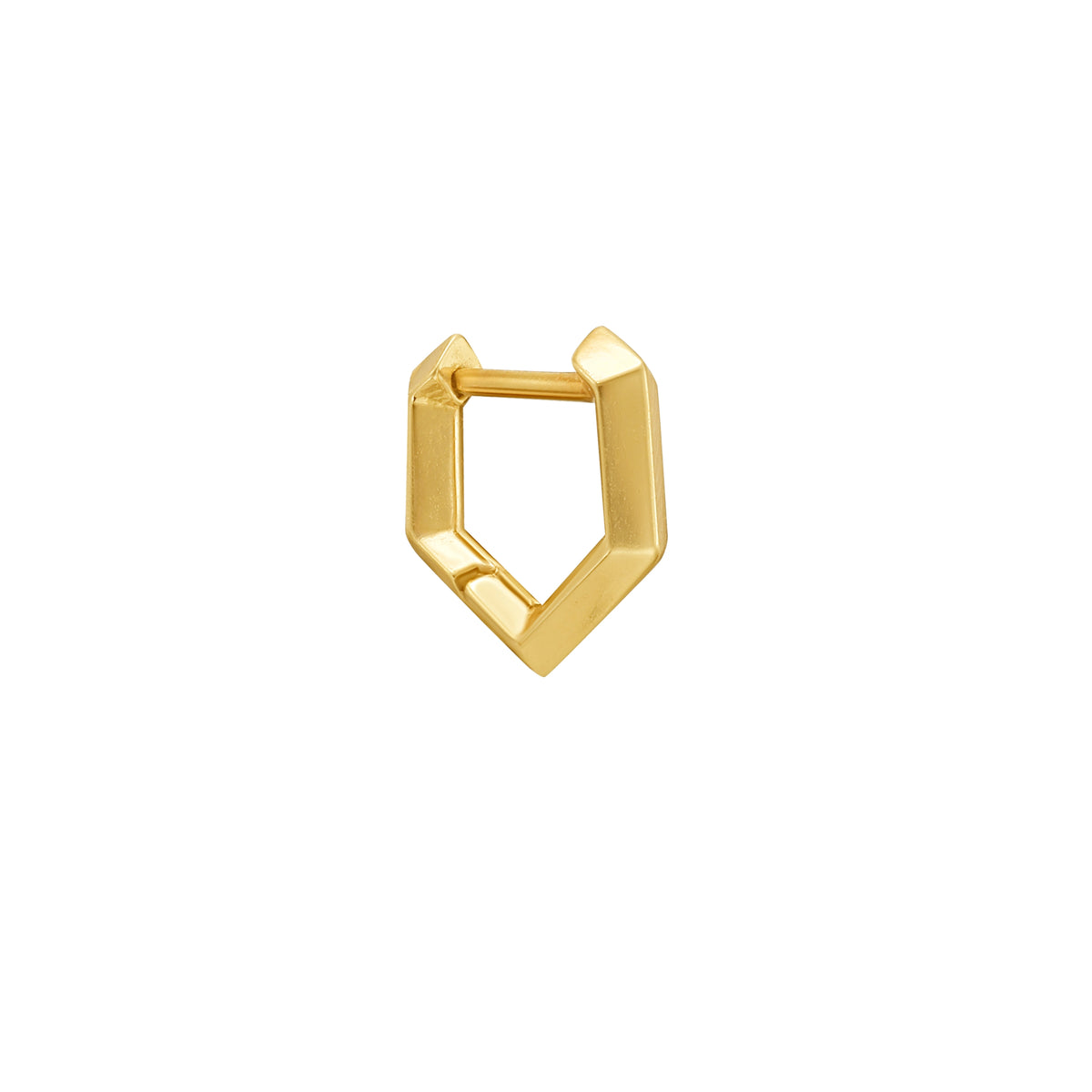 A small gold geometric huggie hoop earring with a faceted, angular design, shown on a plain white background. By Tamsin Rasor
