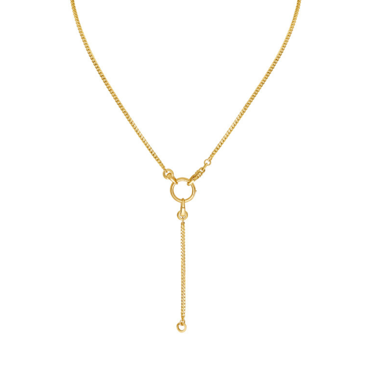 Convertible five piece chain. 2.4mm width, 18K curb chain lengthe in 16" and 2" long with three removable clip bails. Total chain length approx 20" shown as a lariat necklace on white background