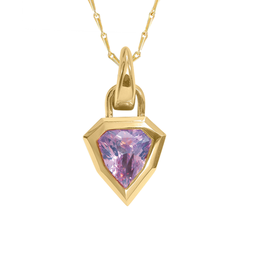 18 gold and pink purple shield cut sapphire pendant , by Tamsin Rasor, on a gold chain against white background