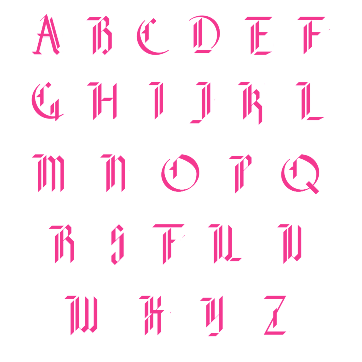 Twenty-six capitalized gothic font initial samples in fuchsia pink, spaced in rows on a plain white background, each corresponding to alphabet letters from A to Z.