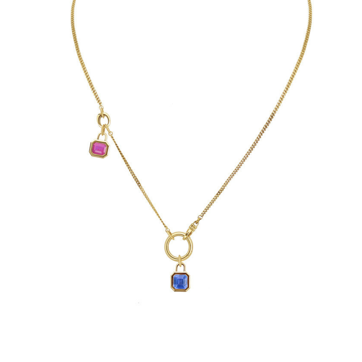 Convertible four piece chain. 1.75 mm width, 18K curb chain lengthe in 16" and 2" long with two removable clip bails. Total chain length approx 20" shown with additional two gemstone pendants (sold separately) on white background