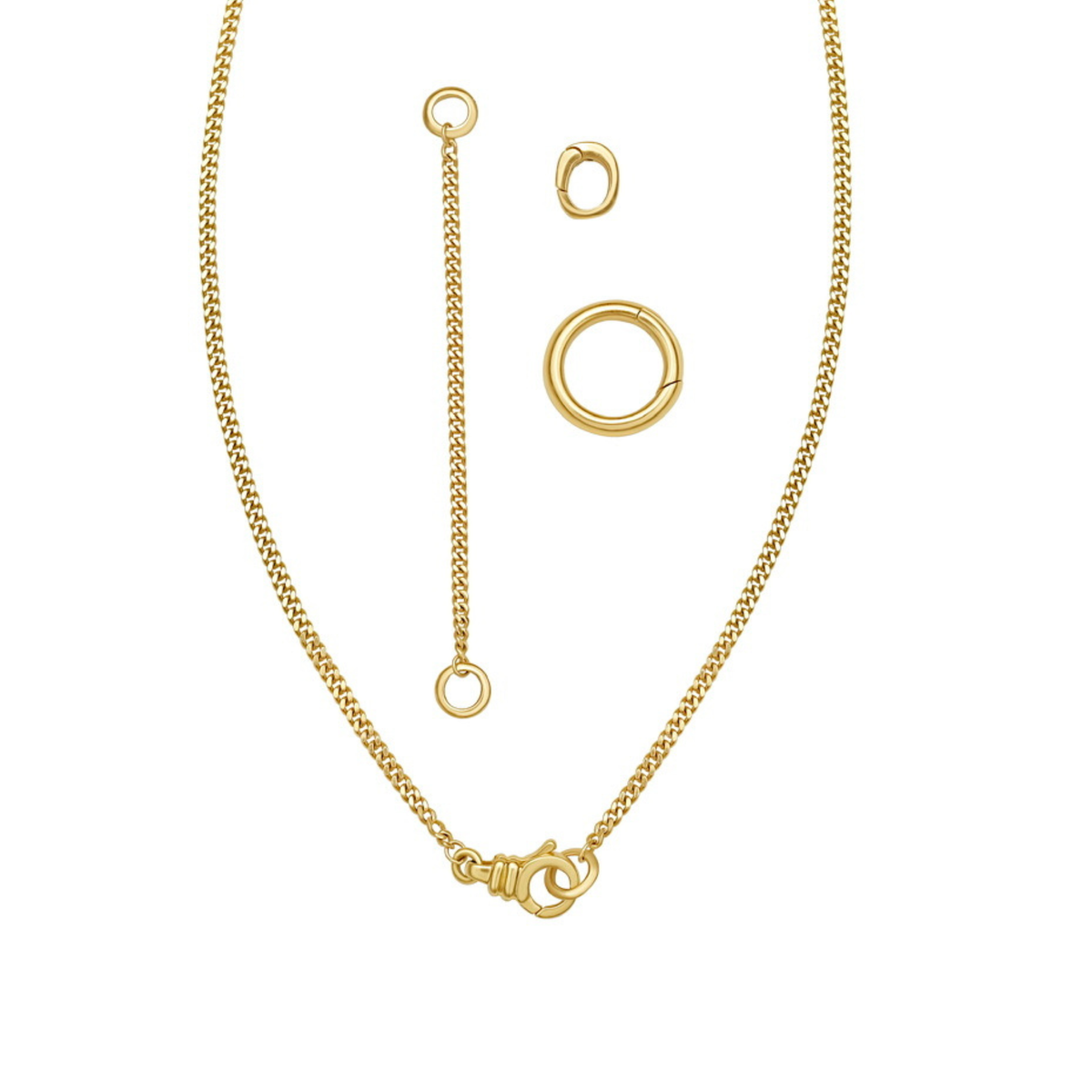 Convertible four piece chain. 1.75 mm width, 18K curb chain lengthe in 16" and 2" long with two removable clip bails. Total chain length approx 20" shown broken down into parts on white background