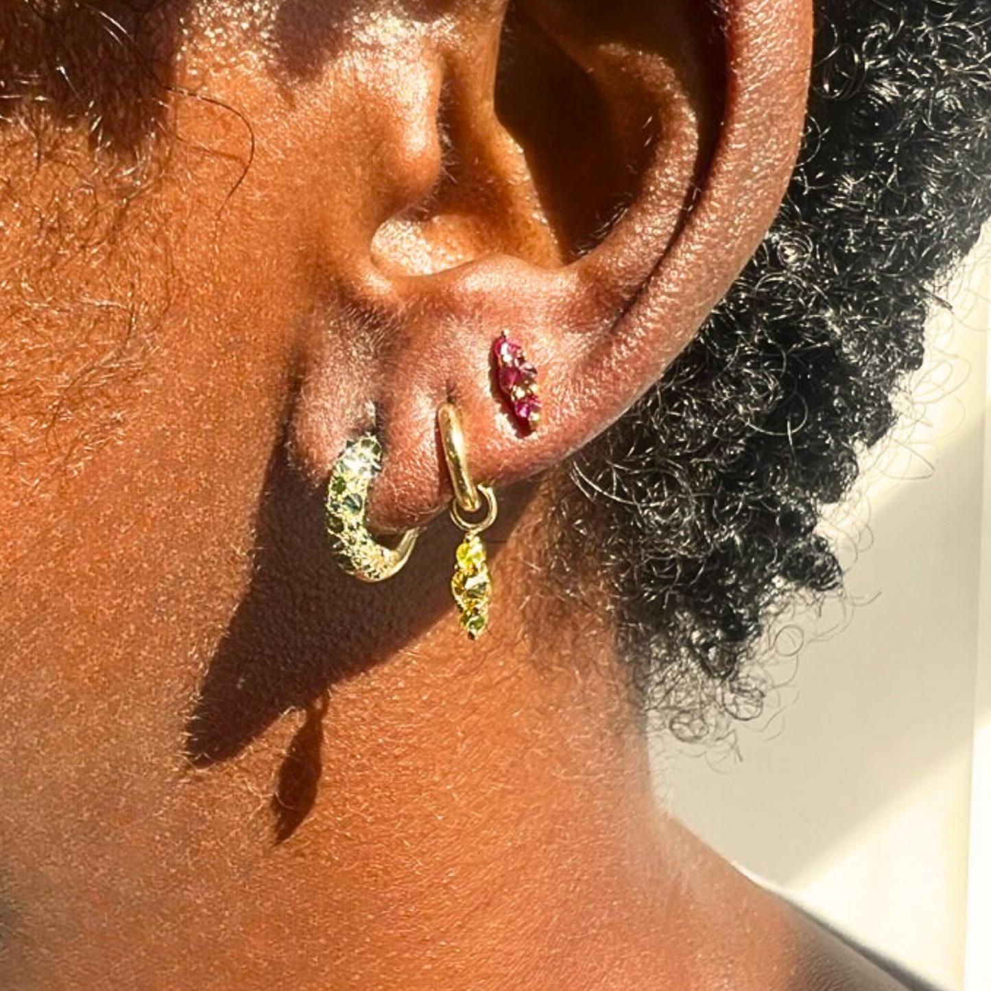 Mismatched Barbed Blue & Green Diamond Pavé Huggie Hoops