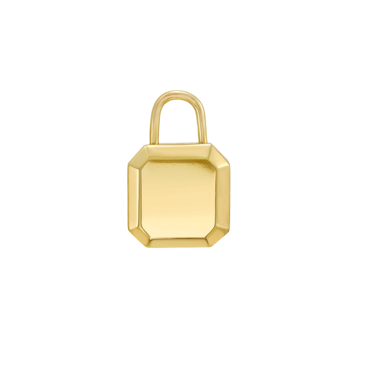 A gold-colored geometric padlock inspired locket with a faceted, beveled design, shown on a plain white background by Tamsin Rasor