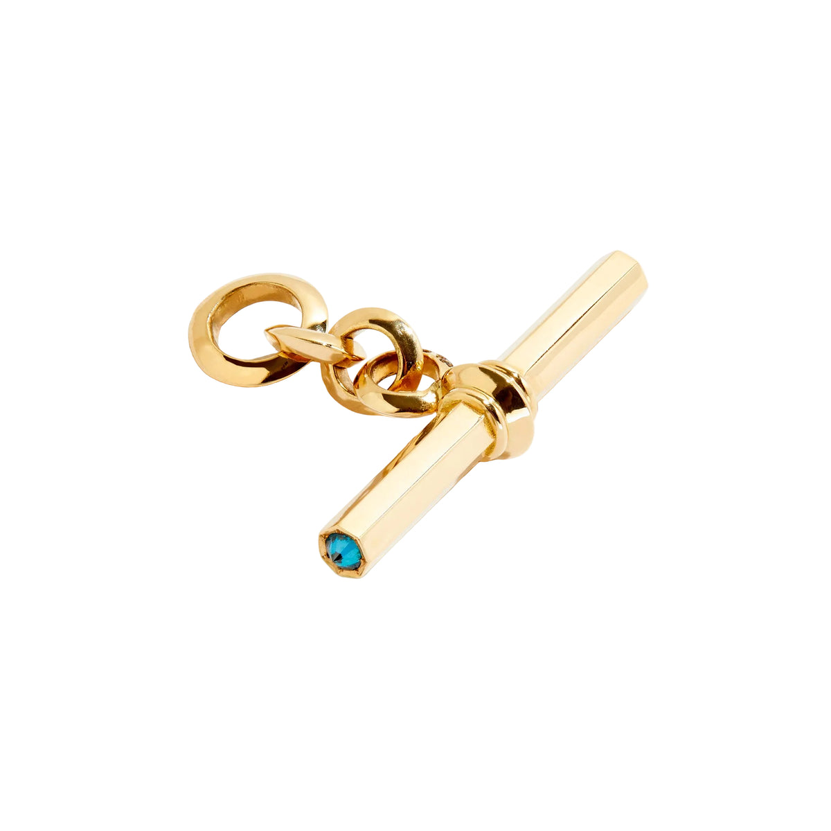 A gold T-Bar pendant with a barbed diamond setting, featuring a blue diamonds, attached to a gold chain bail on white background.