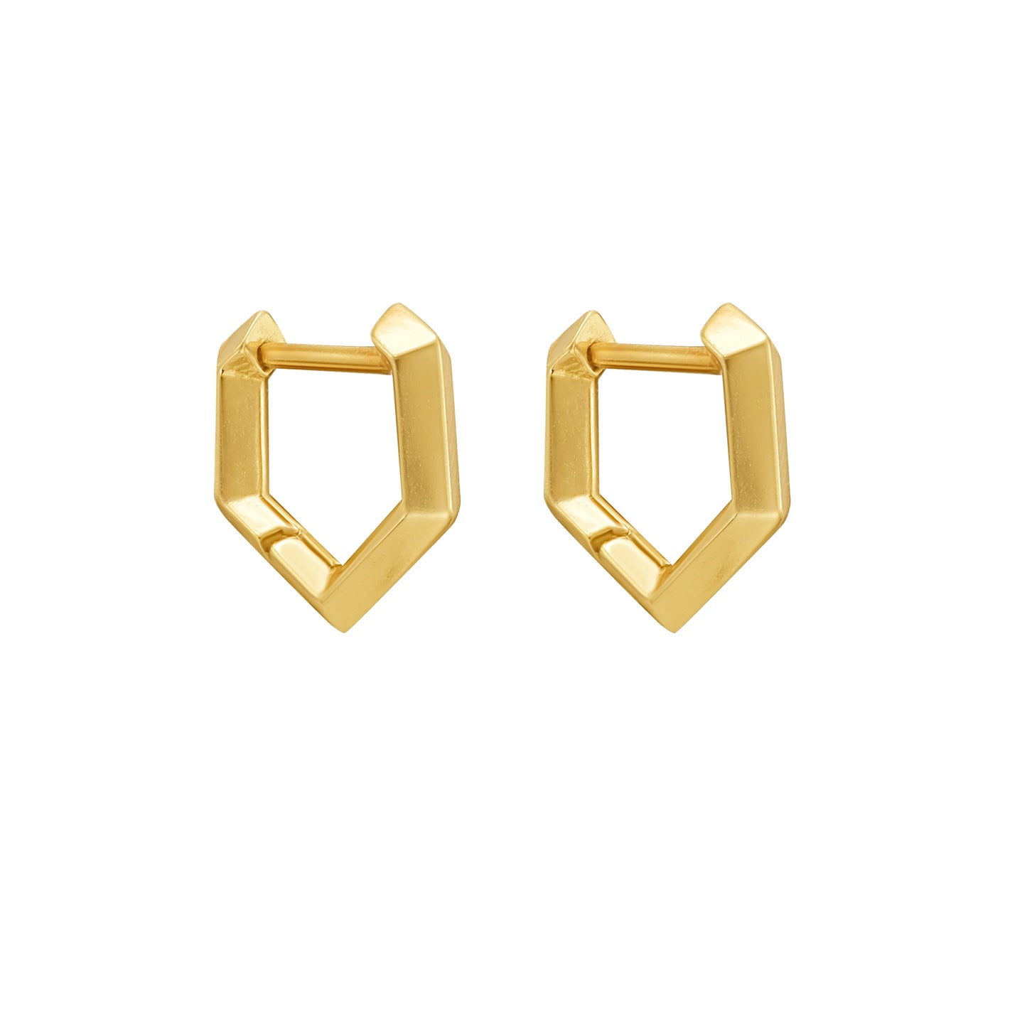 A pair of gold geometric huggie hoop earrings with a flat, open hexagonal design, shown on a plain white background. By Tamsin Rasor
