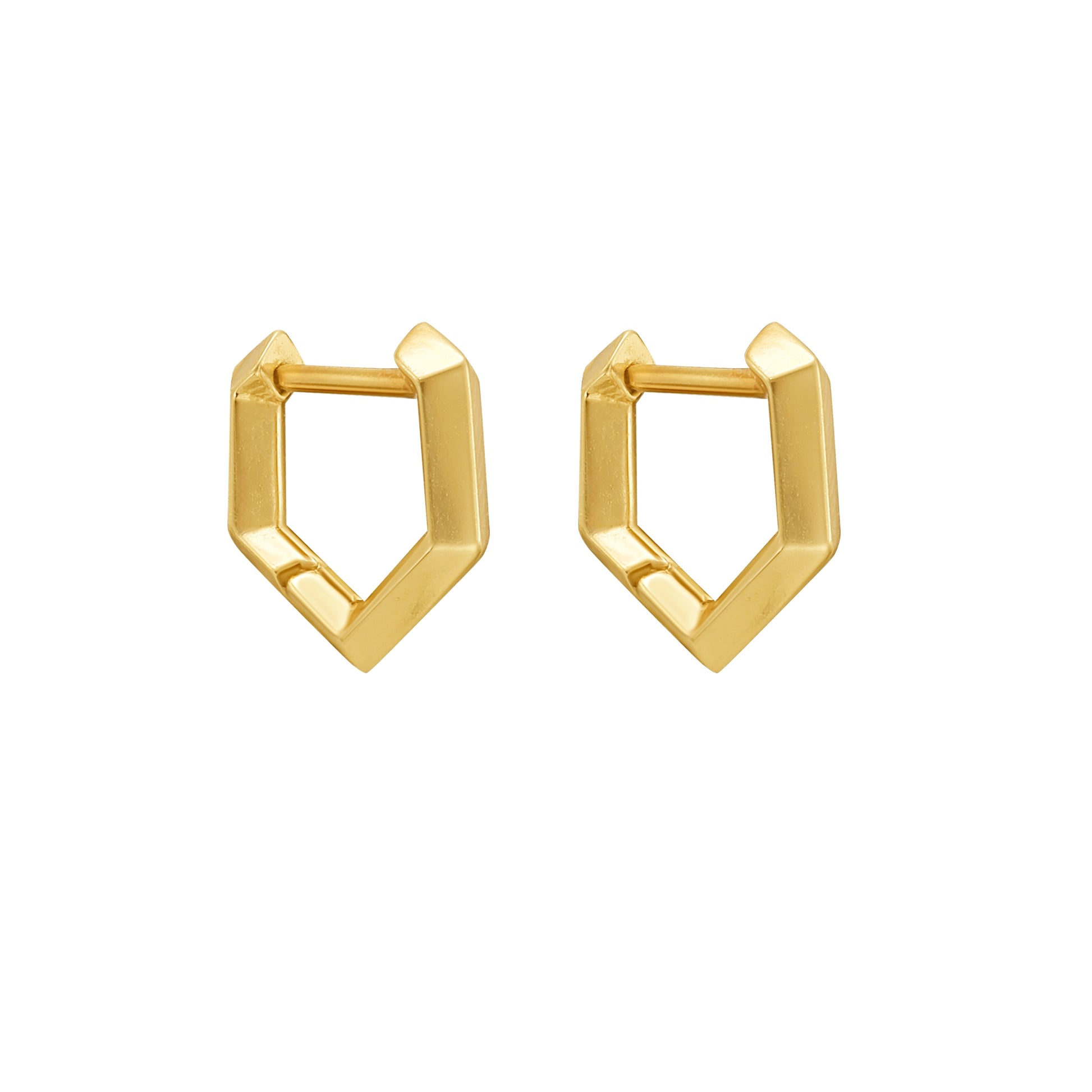 A pair of gold geometric huggie hoop earrings with a flat, open hexagonal design, shown on a plain white background. By Tamsin Rasor