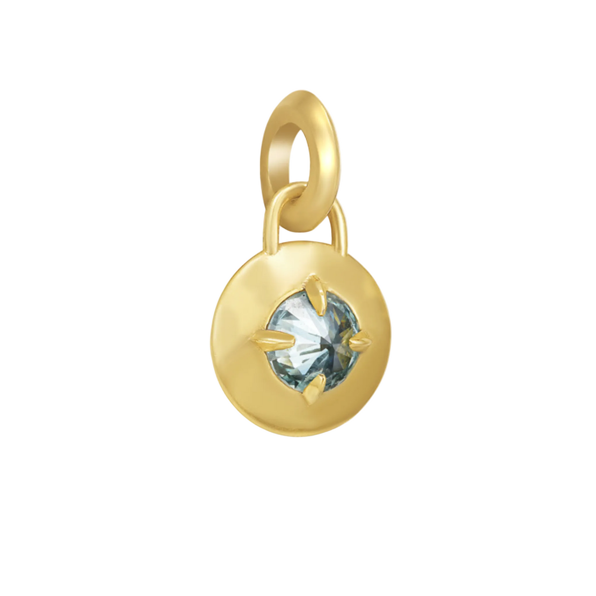 Gold compass pendant with a  spiked blue diamond center , shown on a white background