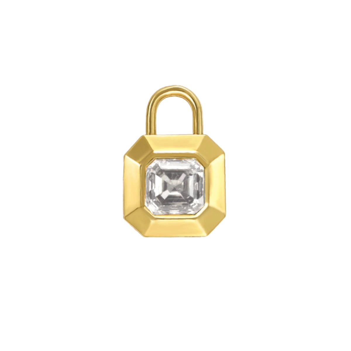 Gold square shaped padlock inspired locket pendant with Asscher cut white diamond in the center, on white background