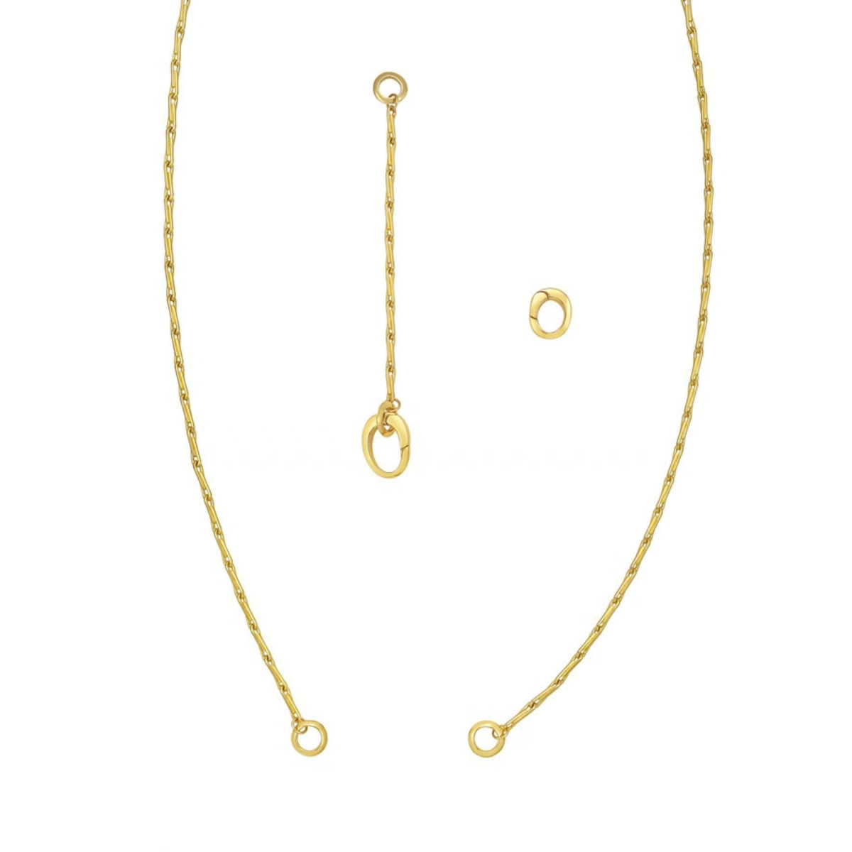 convertible Gold chain necklace with extension links and a oval bail clips, shown open displayed on a clean white background.