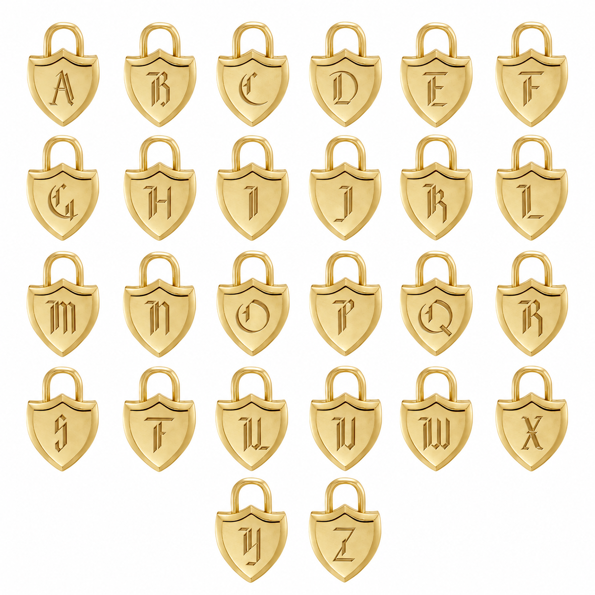 Twenty-six gold shield-shaped locket pendants with a single gothic font initial engraving,  spaced in rows on a plain white background, each engraved with a corresponding alphabet letter from A to Z.