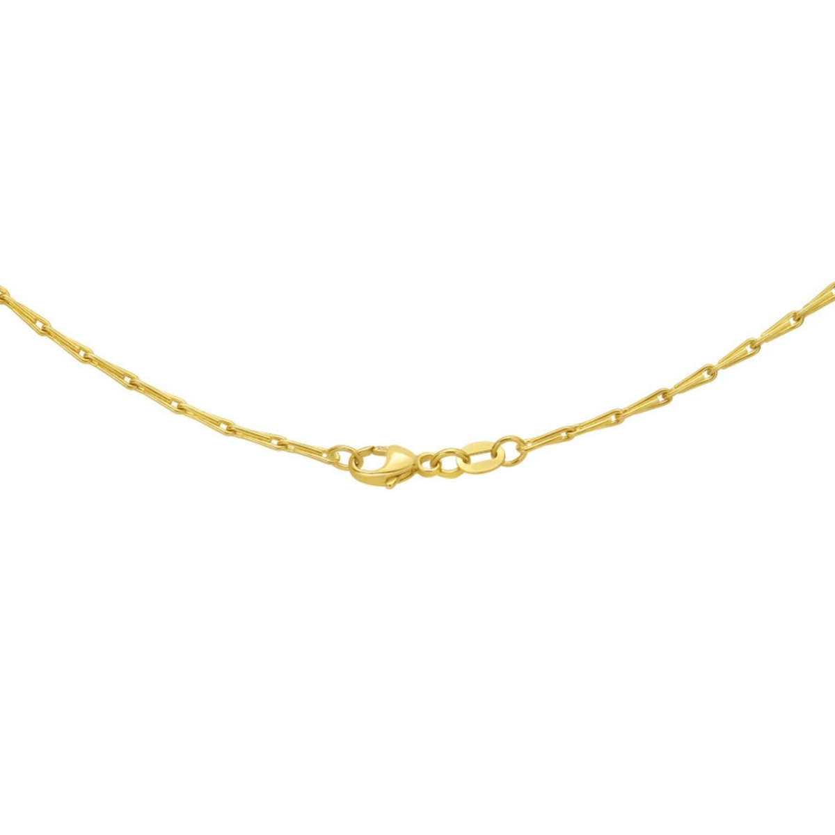 A close-up of a gold chain necklace showing a lobster clasp closure on a plain white background.