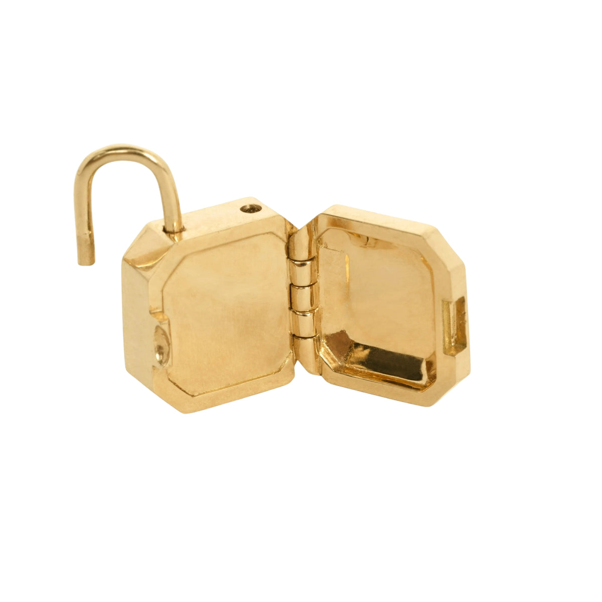 A gold-colored miniature padlock shaped pendant shown open on a plain white background, with bail gate open, by Tamsin Rasor