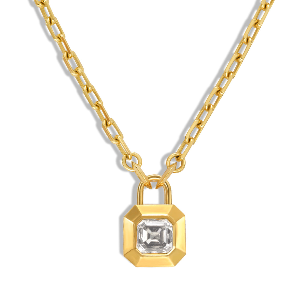 Gold square shaped padlock inspired locket pendant with Asscher cut white diamond in the center, on yellow gold diamond cut curb chain, shown on white background