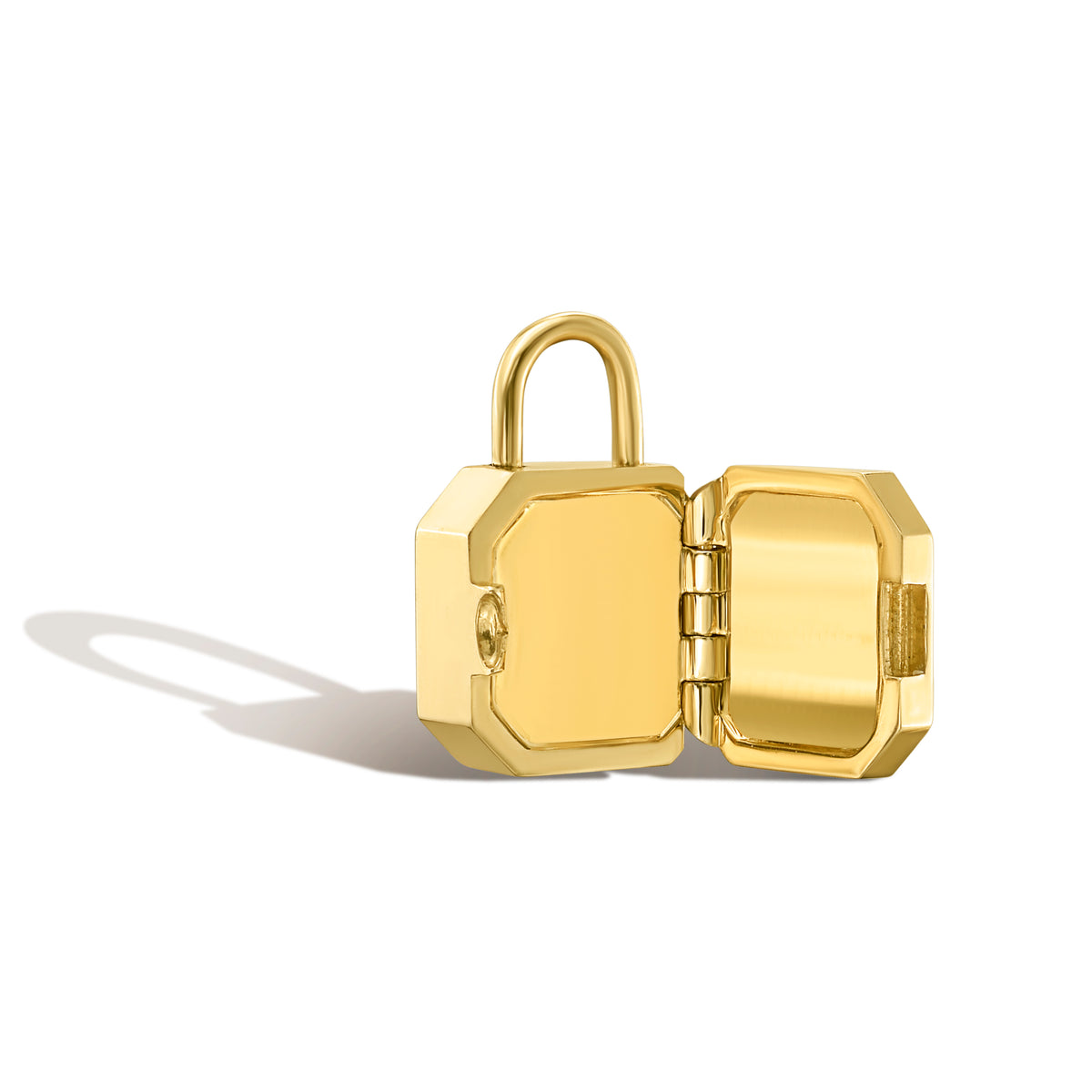 Gold square shaped padlock inspired locket pendant, shown with locket door open , on white background by Tamsin Rasor