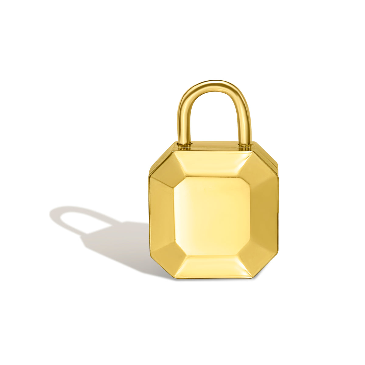 Solid back of gold square shaped padlock inspired locket pendant with , shown closed on white background