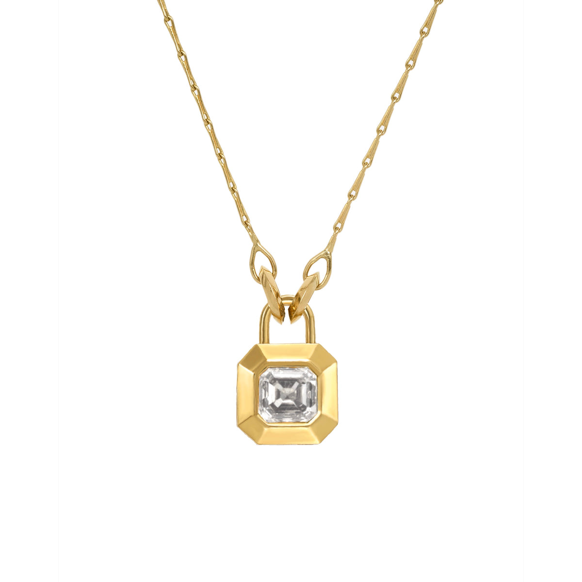 Gold square shaped padlock inspired locket pendant with Asscher cut white diamond in the center, on 18K golf barley corn style open chain, shown on white background