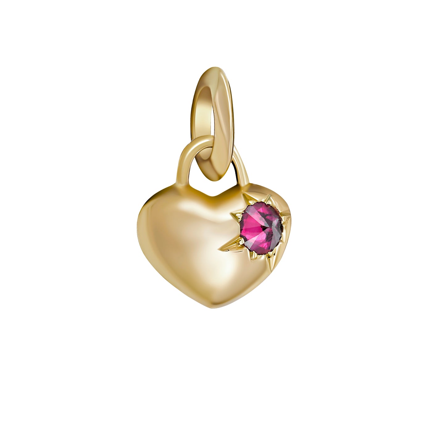 Gold heart-shaped pendant on a chain,  with a single star set spiked ruby gemstone on the right hand side, against a white background