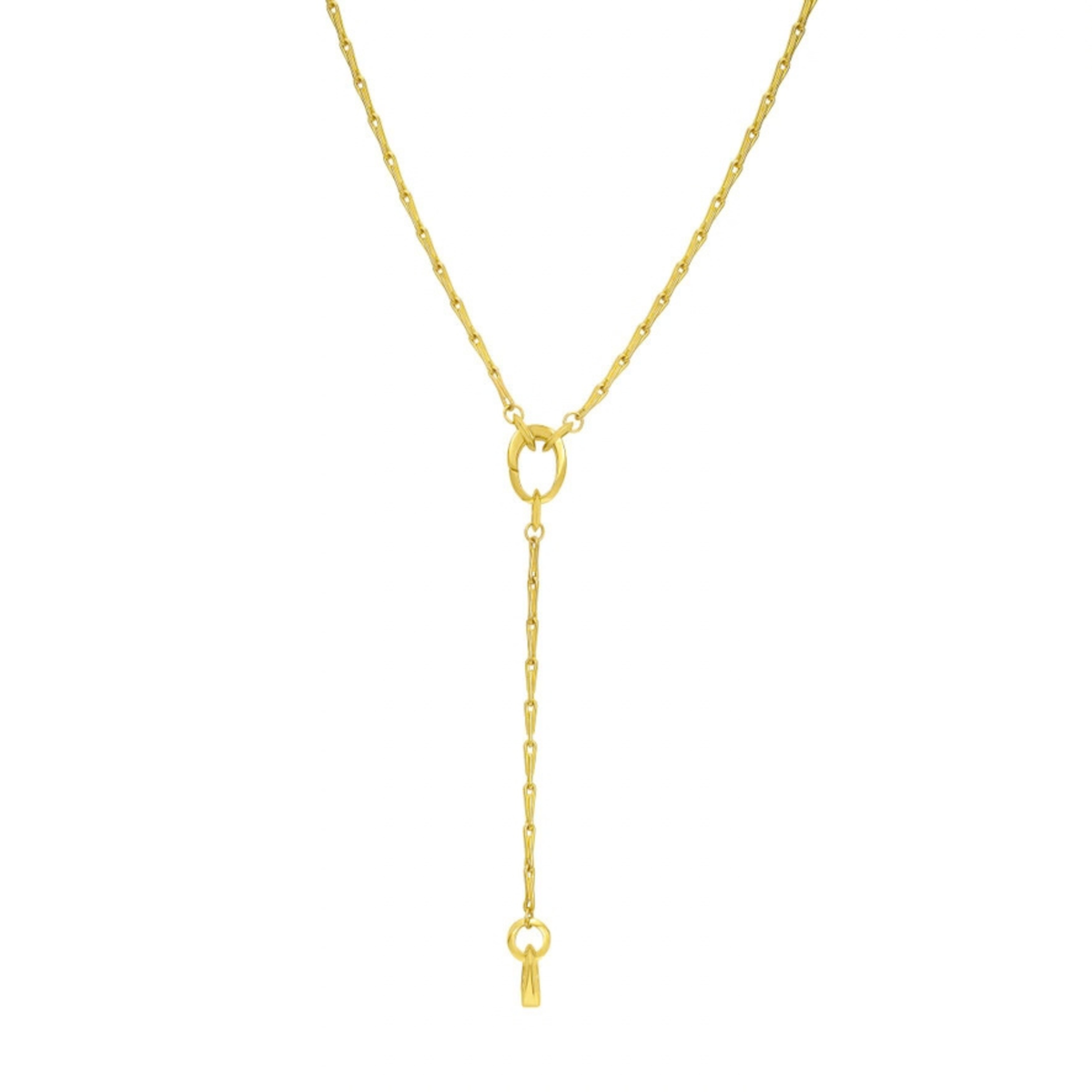 A gold Y-necklace featuring a central oval ring connector with a long drop chain ending with another smaller oval clip bail, shown on a plain white background.