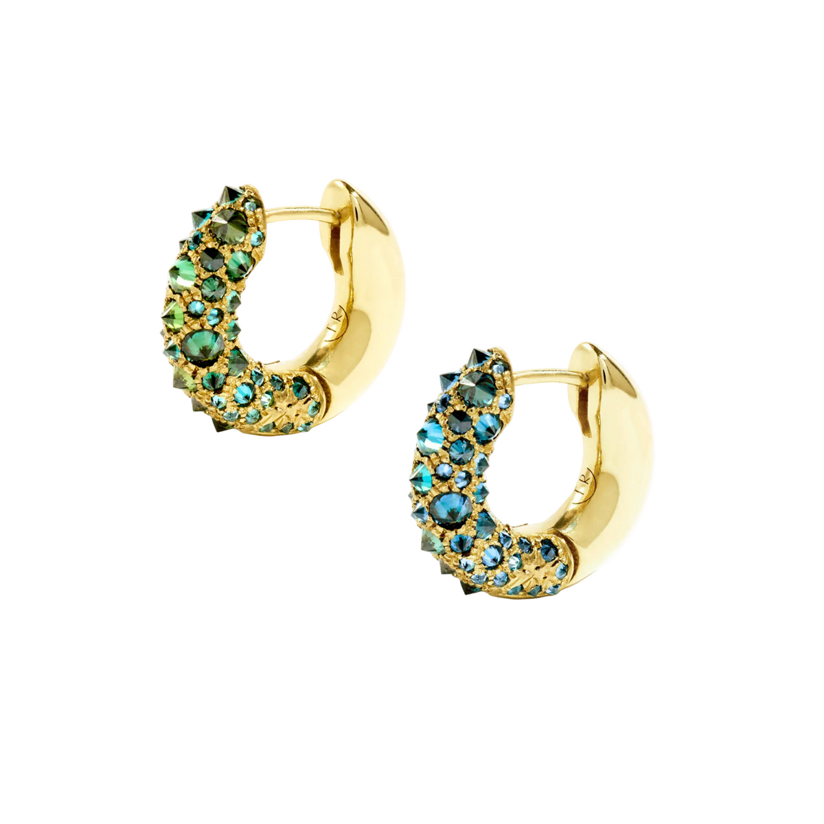 Mismatched Barbed Blue & Green Diamond Pavé Huggie Hoops