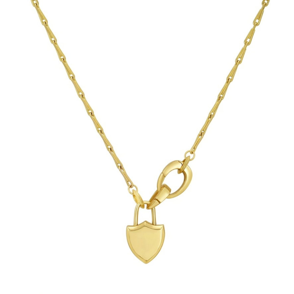 A gold necklace featuring a small shield-shaped pendant attached to 2 different sized oval-shaped clip bails, displayed on a clean white background.