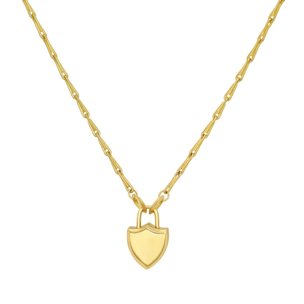 A gold barley corn chain. necklace with a small gold shield-shaped locket pendant, displayed against a solid white background.