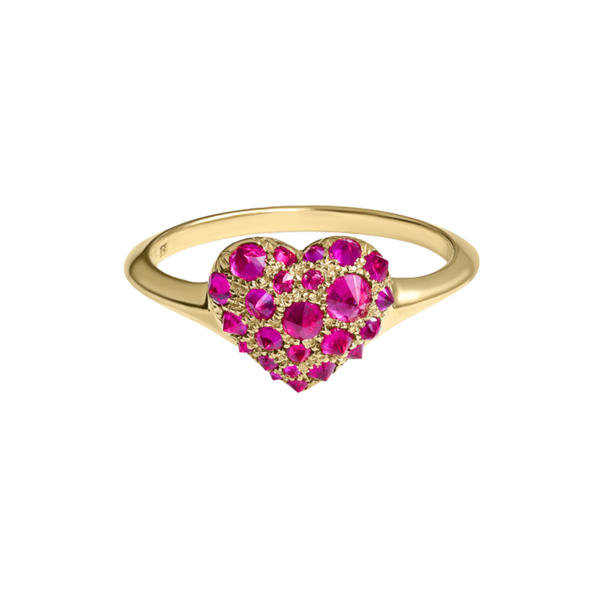 gold and pavé ruby heart shaped signet ring by Tamsin Rasor shown on white background