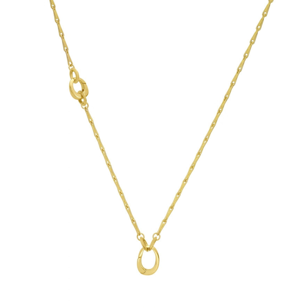 A delicate yellow gold chain necklace with two different sized oval clip bails, displayed against a solid white background.