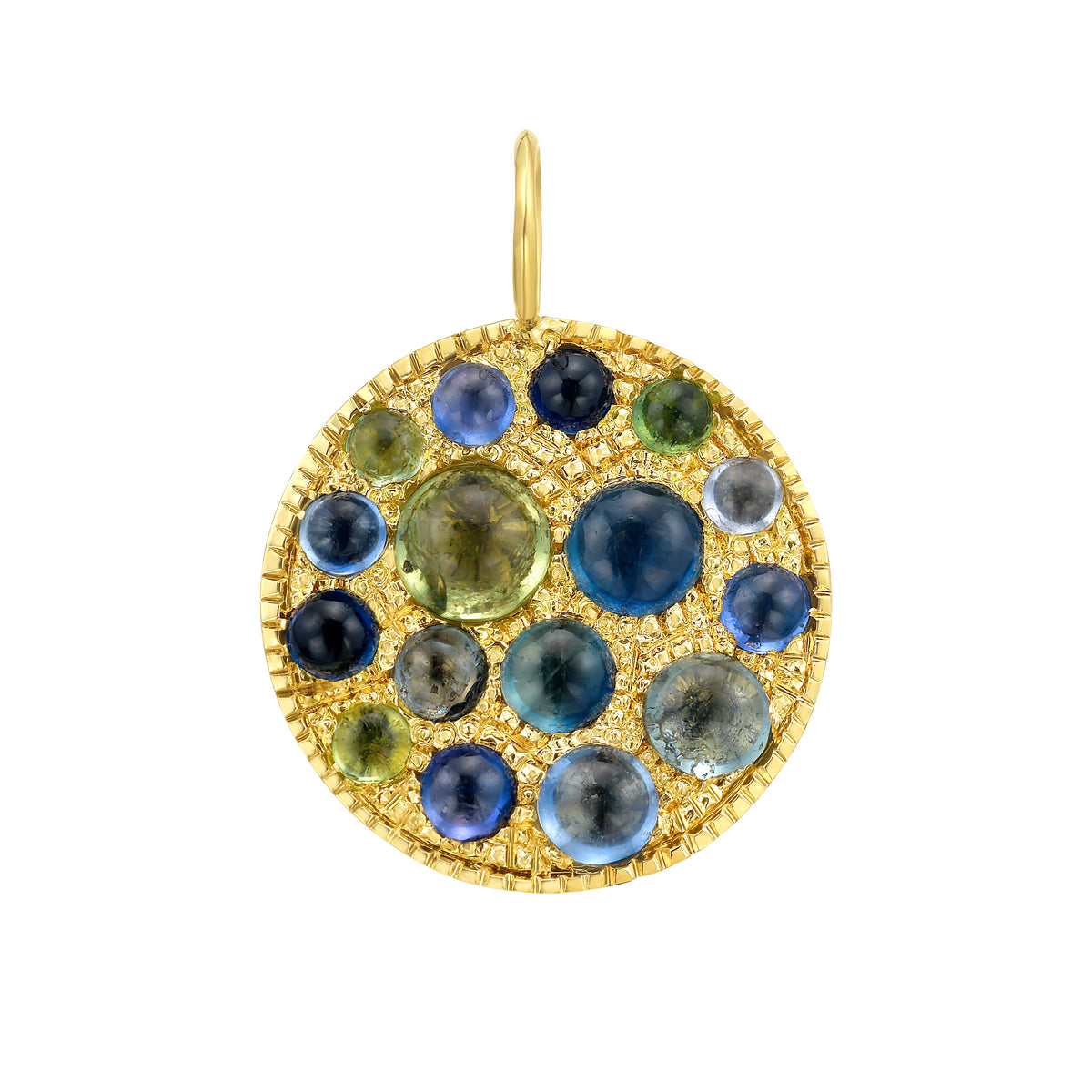 A round 18k gold medallion pendant featuring a colorful array of blue and green cabochon sapphires, set against a plain white background.