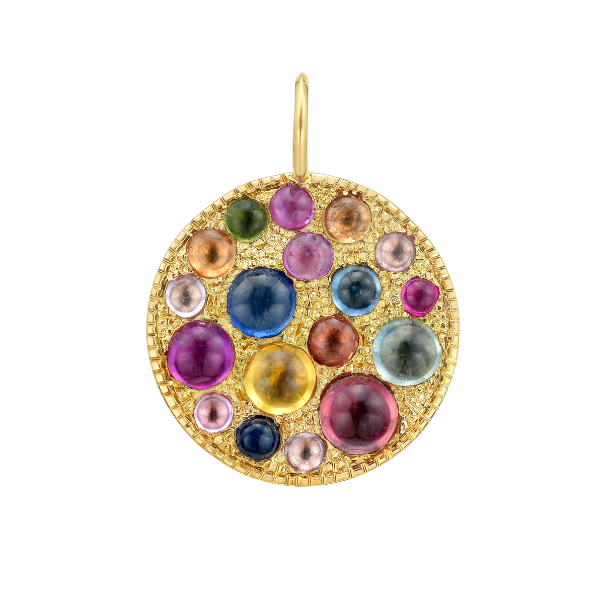 18k gold and cabochon sapphire pavé disc pendant , by Tamsin Rasor against  white background