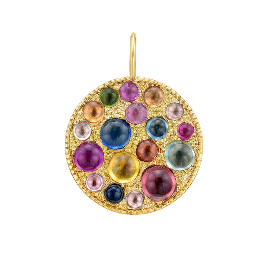 18k gold and cabochon sapphire pavé disc pendant , by Tamsin Rasor against  white background