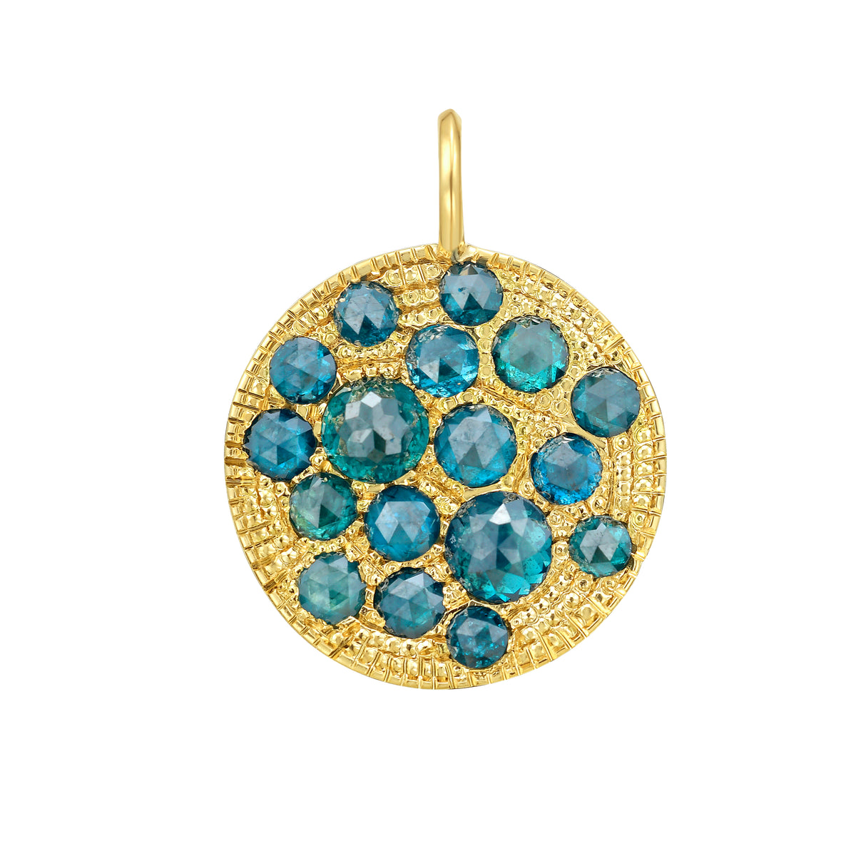 18k yellow gold and pavé diamond medallion covered in blue rosecut diamonds photographed against a white background