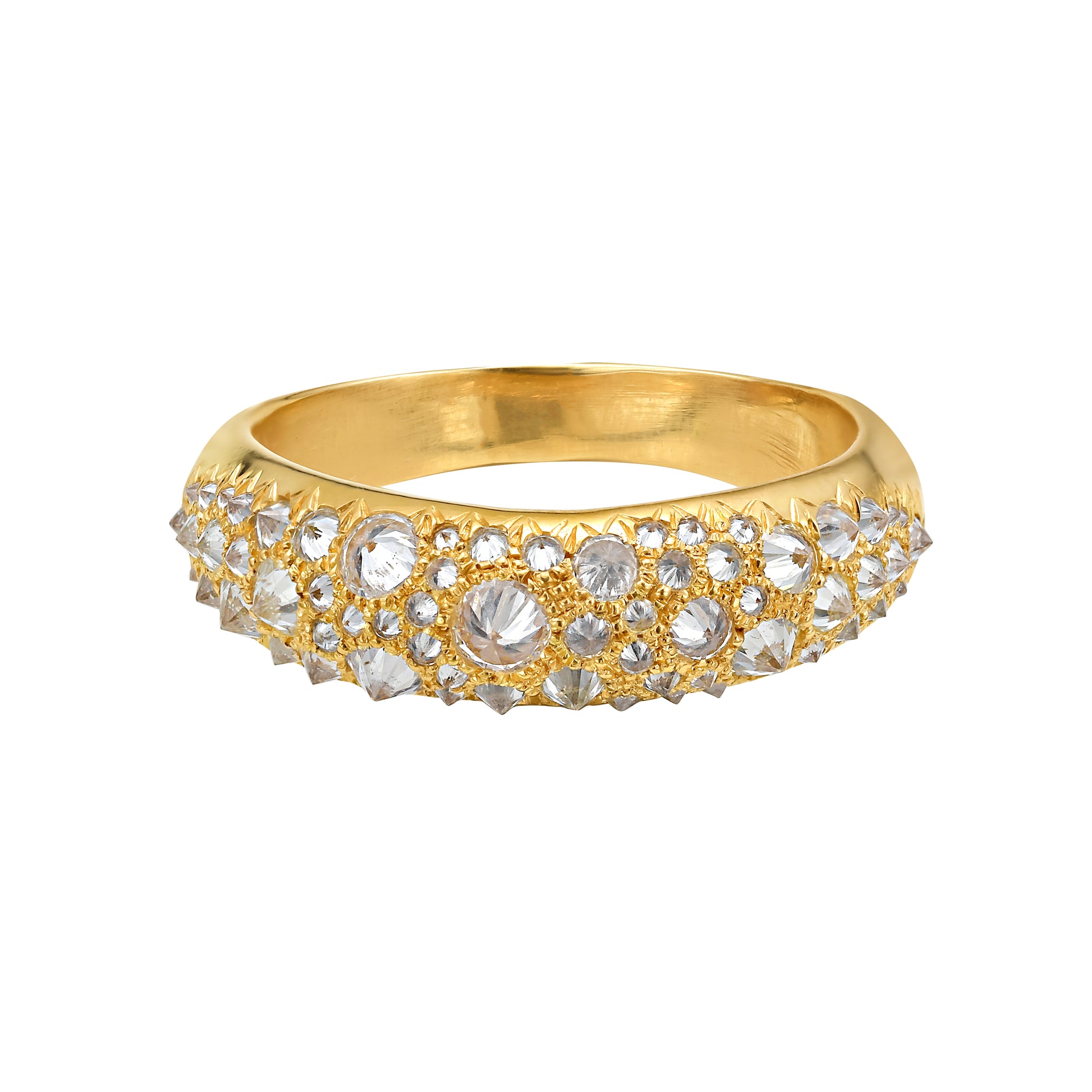 18K yellow gold and spiked white diamond dome ring by Tamsin Rasor on white background